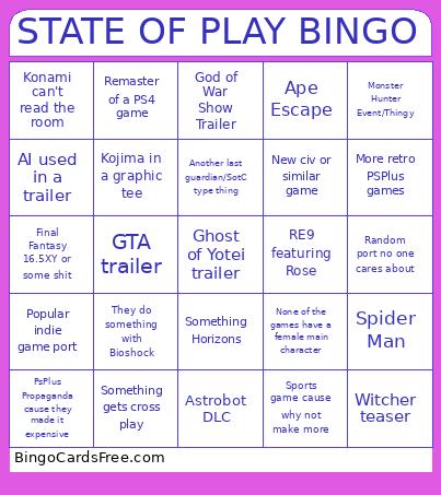 State Of Play Bingo Card