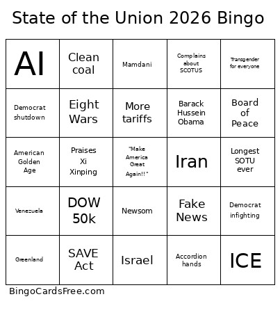 State Of The Union 2026 Bingo Card