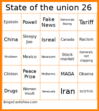 State Of The Union 26 Bingo Card