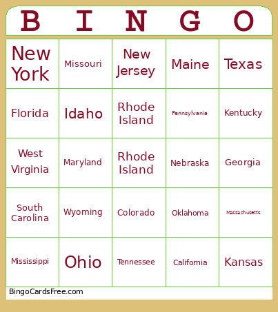 States Bingo Card
