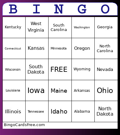 States License Plate Bingo Card