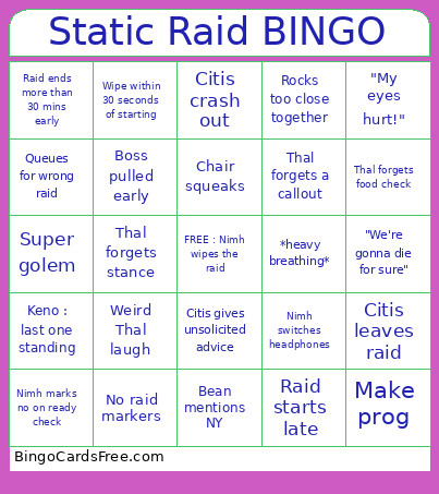 Static Raid Bingo Card