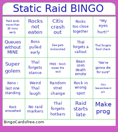 Static Raid Bingo Card