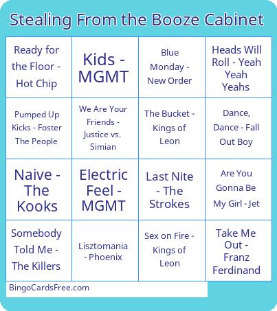 Indie Sleaze: Pre's Bingo Cards Free Pdf Printable Game, Title: Stealing From the Booze Cabinet