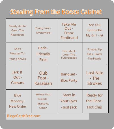 indie sleaze 1 Bingo Cards Free Pdf Printable Game, Title: Stealing From the Booze Cabinet