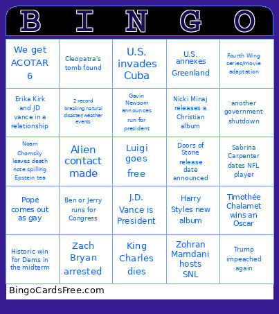 Stephanie’s 2026 Bingo Card