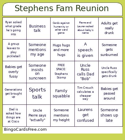 Stephens Fam Reunion Bingo