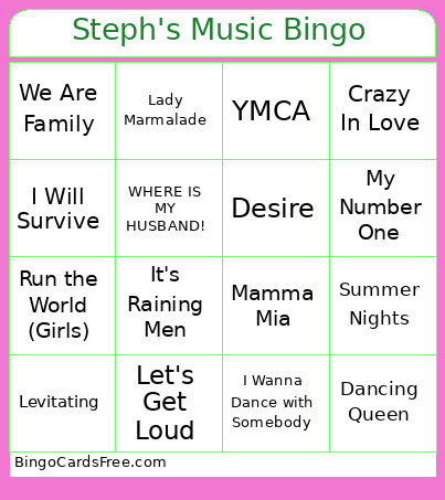 Steph's Music Bingo Card