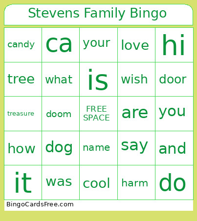 Stevens Family Bingo Card