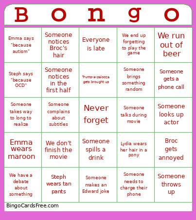 Straight Man Movie Night Bingo Card