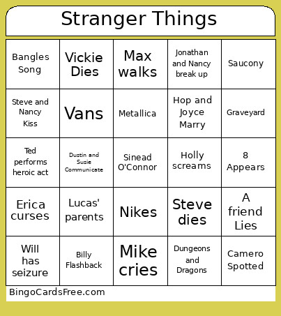 Stranger Things Bingo Card 2