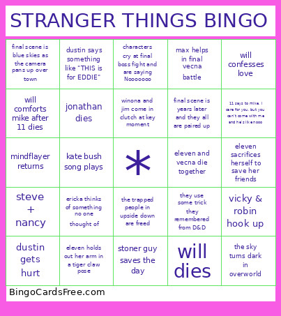STRANGER THINGS Bingo Card