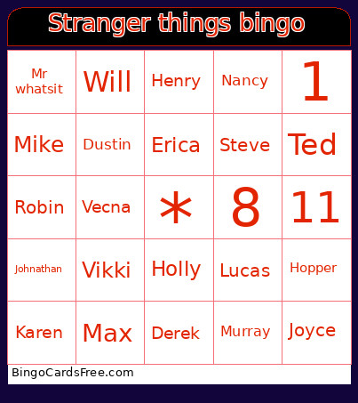 Stranger Things Bingo Card