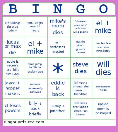 Stranger Things Bingo Card