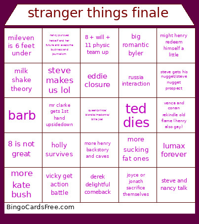 Stranger Things Finale Bingo Card 2