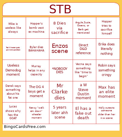 Stranger Things Finalr Bingo Card