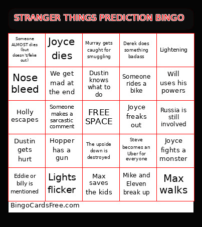 STRANGER THINGS PREDICTION Bingo Card