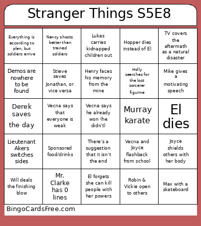 Stranger Things S5E8 Bingo Card