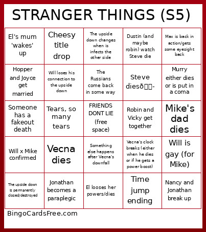Stranger Things Season 5 Bingo Card