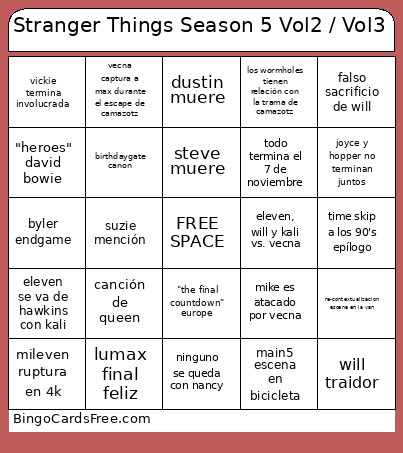 Stranger Things Season 5 Vol2 / Vol3 Bingo Card