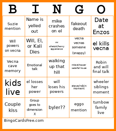 Strangers Things Finale Bingo Card