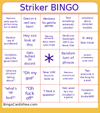 Striker Bingo Card