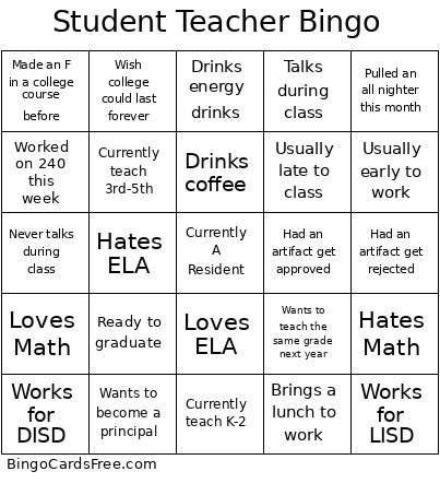 Student Teacher Bingo Card