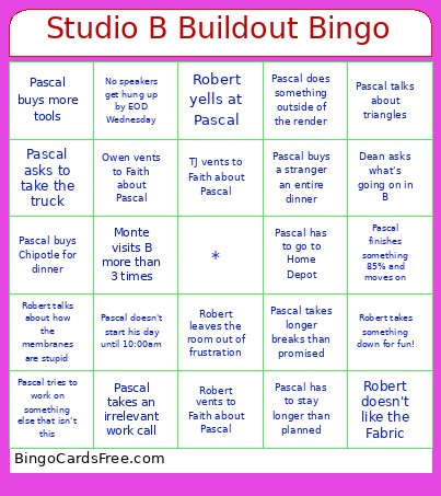 Studio B Buildout Bingo Card