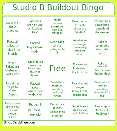 Studio B Buildout Bingo Card