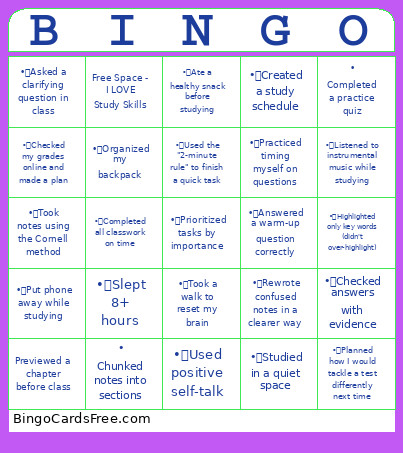 Study Skills Bingo Card