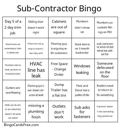 Sub-Contractor Bingo Cards Free Pdf Printable Game, Title: Sub-Contractor Bingo