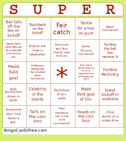 Suber Bowl Bingo Card