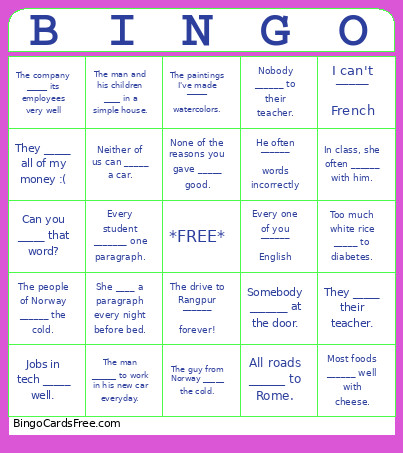 Subject-Verb Agreement Bingo Card
