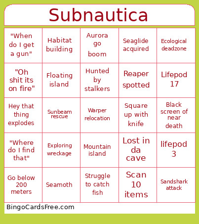 Subnautica Bingo Card