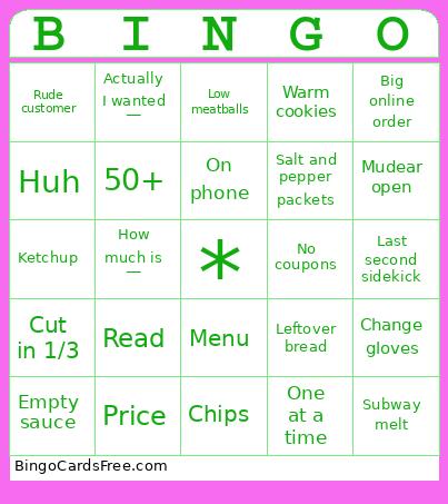 Subway Bingo Card