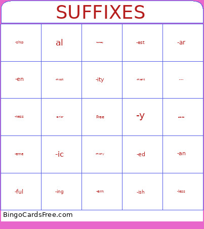 Suffixes Bingo Card