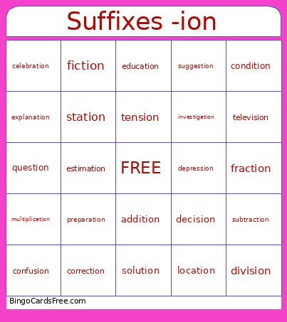 Suffixes -ion Bingo Card
