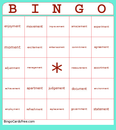 Suffixes -ment Bingo Card