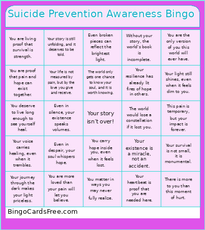 Suicide Prevention Awareness Bingo Card