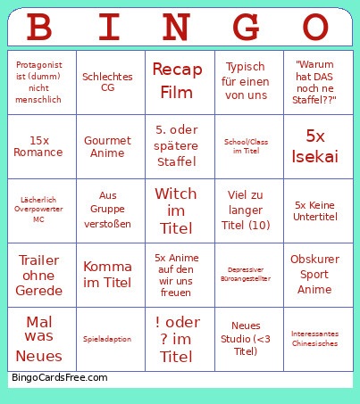 Summer 2026 Anime Bingo Card