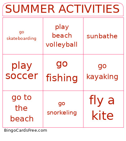 Summer Activities Bingo Card
