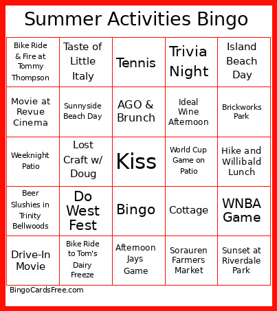 Summer Activities Bingo Card