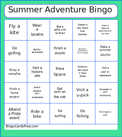 Summer Adventure Bingo Card