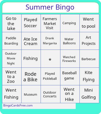 Summer Bingo Cards Free Pdf Printable Game, Title: Summer Bingo