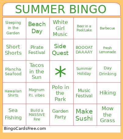 Summer Bingo Cards Free Pdf Printable Game, Title: SUMMER BINGO