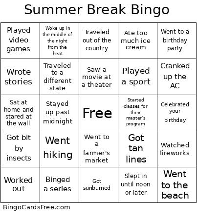 Summer Break Bingo
