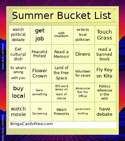 Summer Bucket List Bingo Card