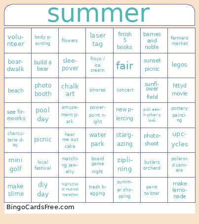 summer bucket list Bingo