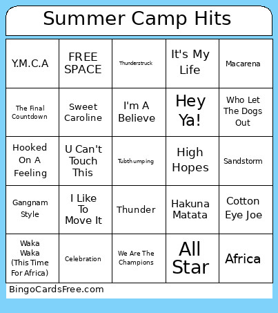 Summer Camp Hits Bingo Card