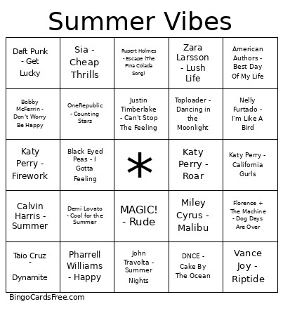 Summer Definite Bingo Card